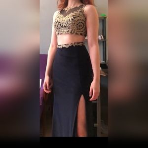 Full length 2 Piece Navy Blue and Gold Prom Dress